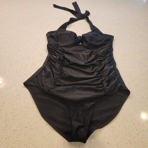 Torrid Black Lattice Front Ruched Wireless One Piece Swim Suit Womens 2X